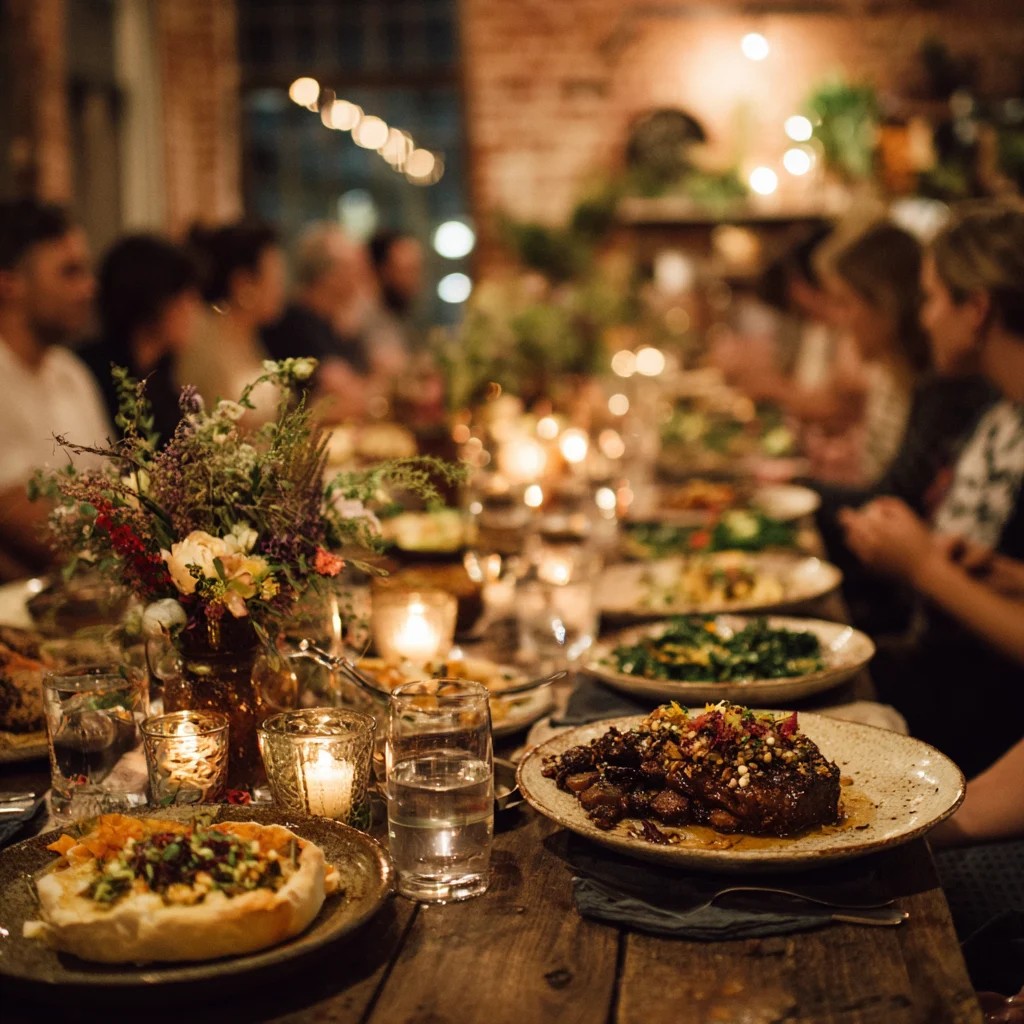 Community gathered around a candlelit dinner table laden with shared dishes.
