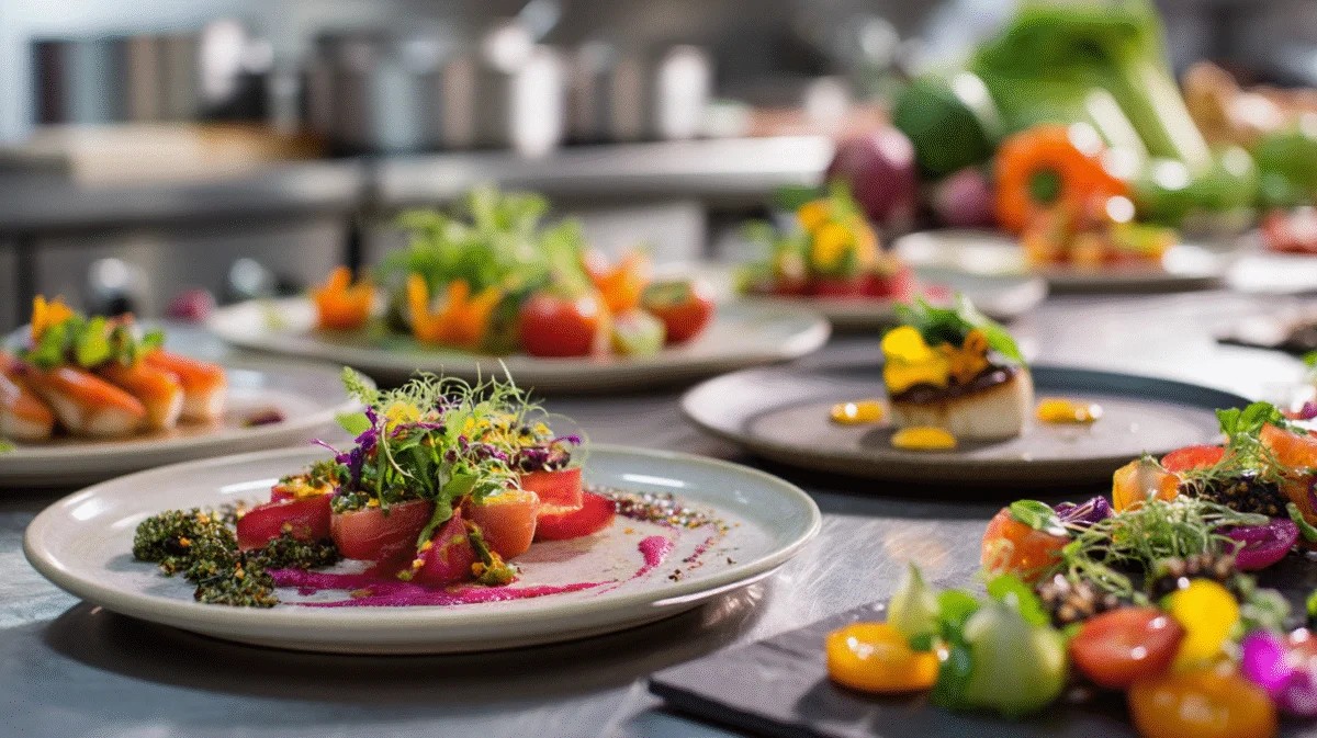 Colorful gourmet dishes arranged on a table with blue-rimmed plates.